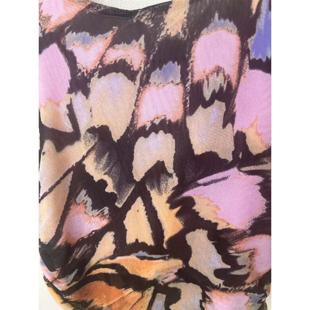 Free People Mesh Butterfly Print Ruched Tie Shoulder Crop Top Pink Orange Med.